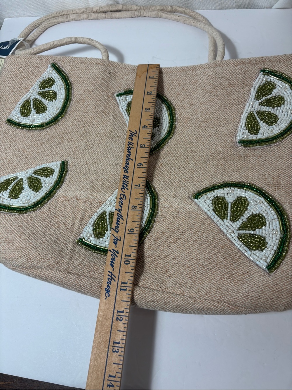 Beaded Lime Motif Handcrafted  Beige Tote Bag with roped handles - Picture 3 of 5